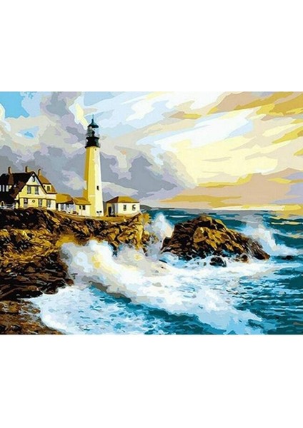 Canvas Deniz Feneri ve Dalgalar Sayılarla Boyama Seti Kasnaklı