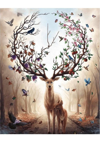 Canvas Gizemli Orman ve Geyik Sayılarla Boyama Seti Kasnaklı