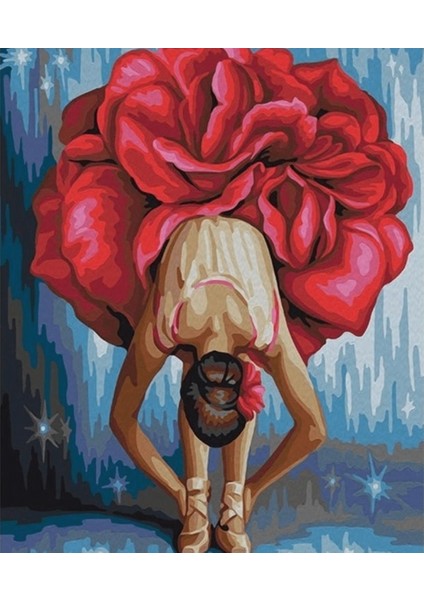 Canvas Kırmızı Çiçekli Balerin Sayılarla Boyama Seti Kasnaklı