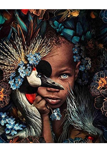 Canvas Afrikalı Çocuk ve Kus Sayılarla Boyama Seti Kasnaklı