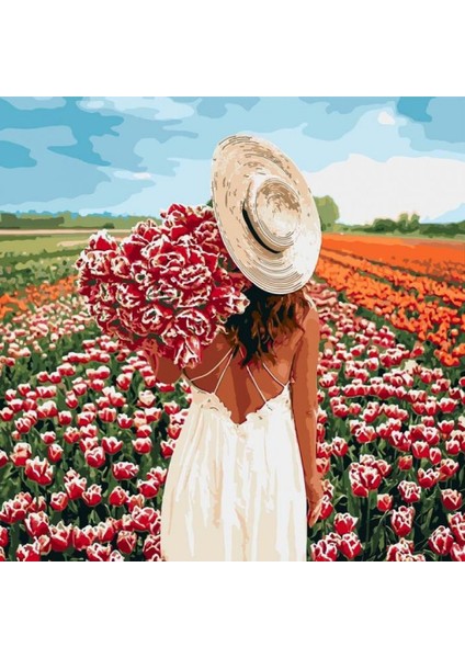 Canvas Sapkalı Çiçek Toplayan Kız Sayılarla Boyama Seti Kasnaklı