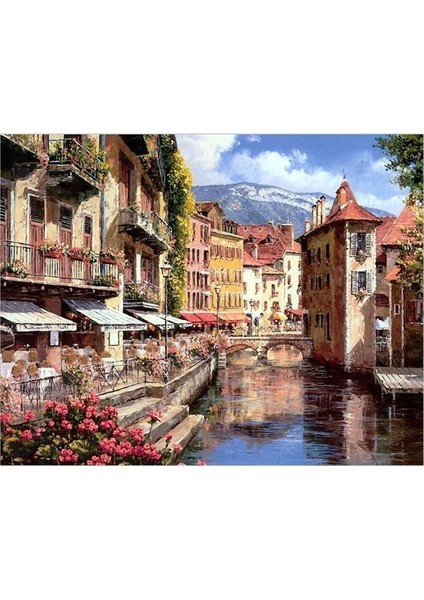Canvas Venedikte Küçük Kasaba Sayılarla Boyama Seti Kasnaklı