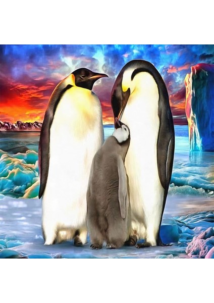 Canvas Penguen Ailesi Sayılarla Boyama Seti Kasnaklı