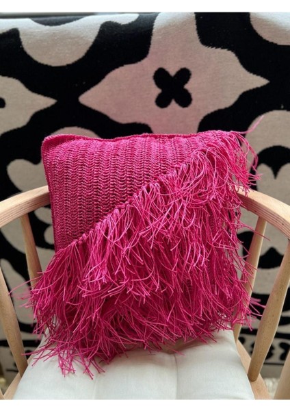 Pembe Kağıt Ip Dekoratif Kırlent Yan Detaylı (Çift Tarafı Örgü)