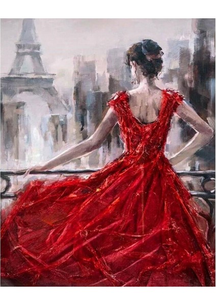 Canvas Pariste Kırmızı Kadın Boyama Seti Kasnaklı