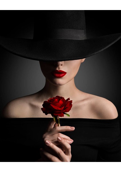 Canvas Zarif Siyah Sapkalı Kadın Sayılarla Boyama Seti Kasnaklı