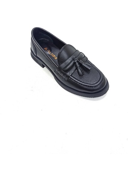Siyah Deri Kadın Loafer Ayakkabı