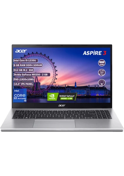 Aspire 3 Intel Core I5 1235U 8 GB 512 GB SSD MX550 2 GB Freedos 15.6" Fhd Taşınabilir Bilgisayar NX.K6WEY.008