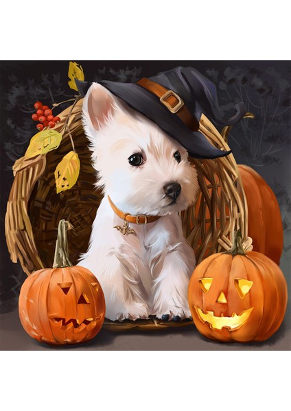 Canvas Cadılar Bayramı ve Köpek Sayılarla Boyama Seti Kasnaklı