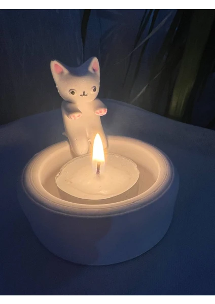 Love Candle Dekor Üşüyen Kedi Mumluk, Elini Isıtan Kedi Mumluk, Kedi Mumluk, Ateş Başında Üşüyen Kedi Mumluk