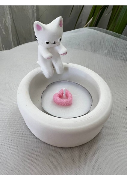 Love Candle Dekor Üşüyen Kedi Mumluk, Elini Isıtan Kedi Mumluk, Kedi Mumluk, Ateş Başında Üşüyen Kedi Mumluk