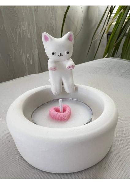 Love Candle Dekor Üşüyen Kedi Mumluk, Elini Isıtan Kedi Mumluk, Kedi Mumluk, Ateş Başında Üşüyen Kedi Mumluk