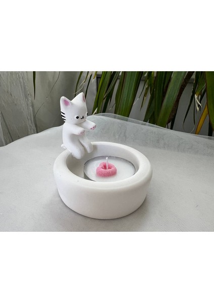 Love Candle Dekor Üşüyen Kedi Mumluk, Elini Isıtan Kedi Mumluk, Kedi Mumluk, Ateş Başında Üşüyen Kedi Mumluk