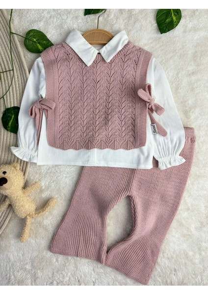 Amelia Süveterli Gömlekli 3'lü Triko Premium Kız Bebek Takım