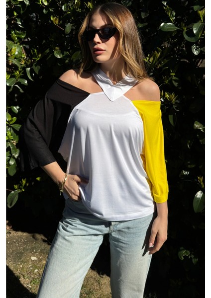 Kadın Siyah & Sarı Yarım Kol, Şeritli Dekolte Yaka, Color Block Tasarım, Salaş Bluz