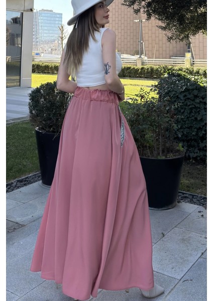 Kadın Pembe Beli Lastikli, Cepleri Hasır Işlemeli, Rahat Kesim, Uzun Kiloş Etek