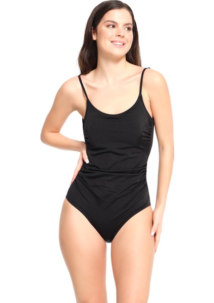 Too Salty Swimwear Kadın Siyah Düz Ince Askılı Toparlayıcı Mayo 23S103ST