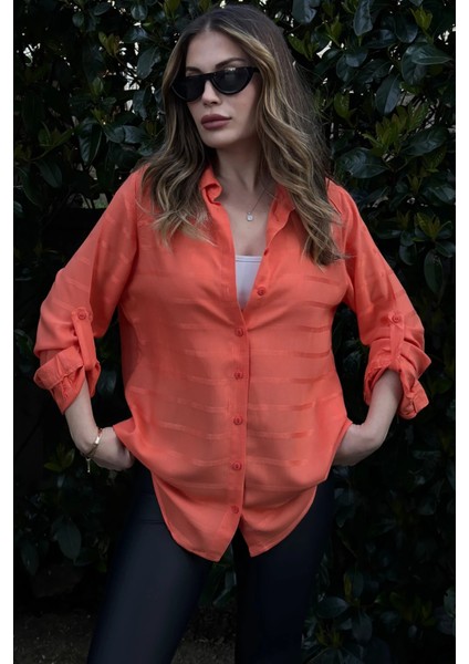 Kadın Turuncu Uzun Kol, Dokulu Kumaş, Salaş Gömlek