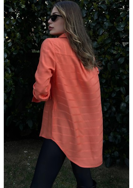 Kadın Turuncu Uzun Kol, Dokulu Kumaş, Salaş Gömlek fiyatları