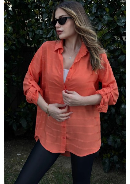 Kadın Turuncu Uzun Kol, Dokulu Kumaş, Salaş Gömlek modelleri
