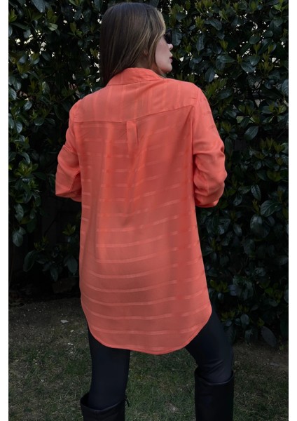 Kadın Turuncu Uzun Kol, Dokulu Kumaş, Salaş Gömlek fırsatları