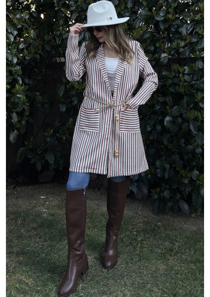 Kadın Kiremit Ekru Çizgili Hasır Ip Kemerli Iki Cepli Uzun Keten Ceket modelleri