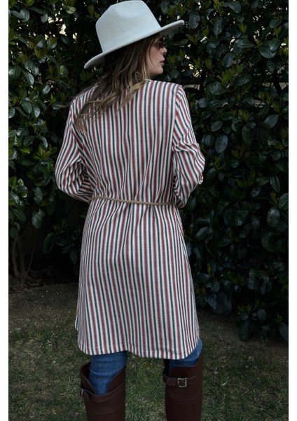 Kadın Kiremit Ekru Çizgili Hasır Ip Kemerli Iki Cepli Uzun Keten Ceket fırsatları