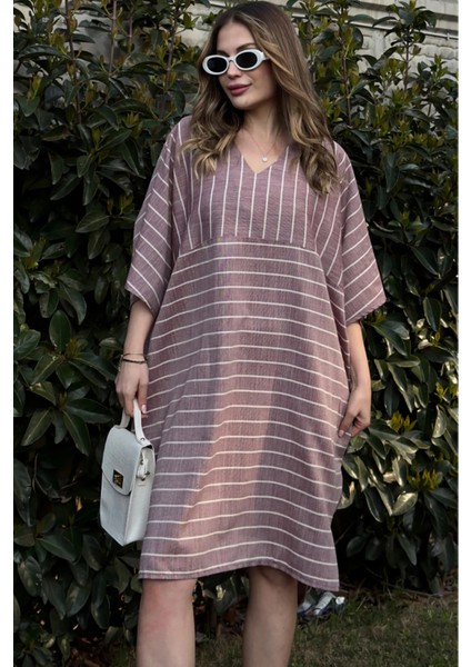 Kadın Bordo Çizgili Keten Yarım Kol V Yaka Cepli Salaş Midi Elbise