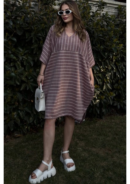 Kadın Bordo Çizgili Keten Yarım Kol V Yaka Cepli Salaş Midi Elbise fiyatları