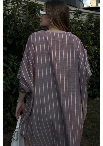 Kadın Bordo Çizgili Keten Yarım Kol V Yaka Cepli Salaş Midi Elbise modelleri
