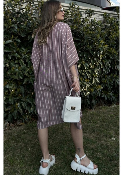 Kadın Bordo Çizgili Keten Yarım Kol V Yaka Cepli Salaş Midi Elbise fırsatları