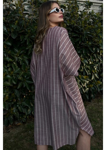 Kadın Bordo Çizgili Keten Yarım Kol V Yaka Cepli Salaş Midi Elbise indirimleri