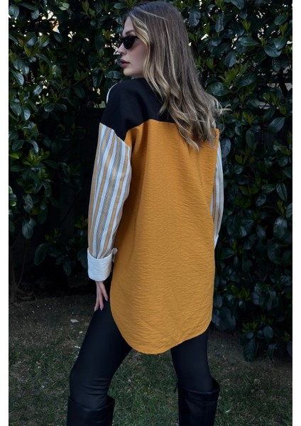 Kadın Hardal Color Block, Eteği Oval Kesim, Salaş Keten Bluz
