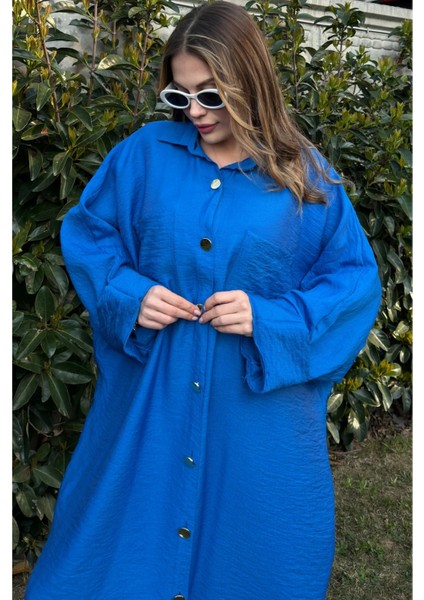 Kadın Saks Yarasa Kol Arkası Pliseli Çift Cepli Uzun Oversize Salaş Gömlek Elbise indirimleri