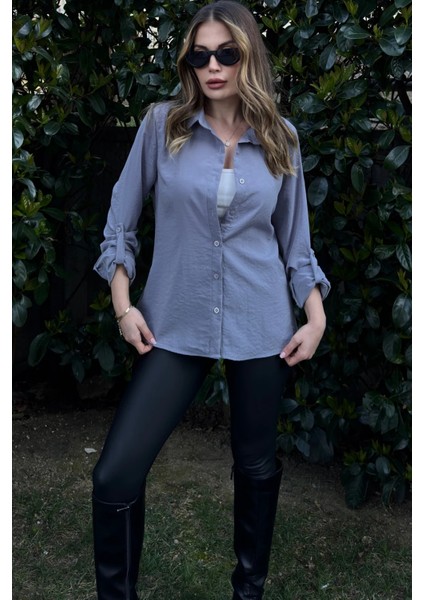 Kadın Antrasit Gümüş Klasik Yaka Uzun Kol Regular Kesim Standart Boy Gömlek (Özel Kumaş)