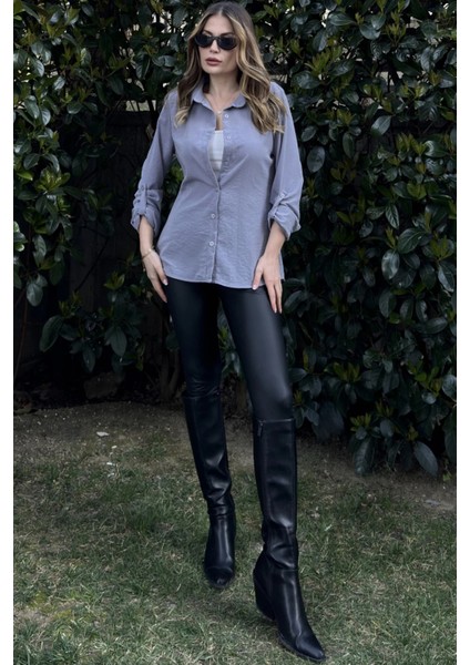 Kadın Antrasit Gümüş Klasik Yaka Uzun Kol Regular Kesim Standart Boy Gömlek (Özel Kumaş) fırsatları