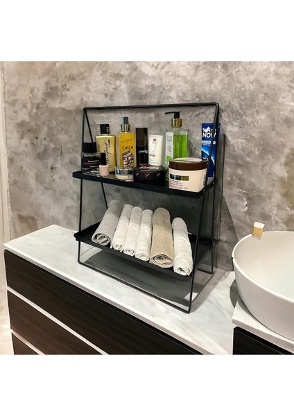 2 Katlı Üçgen Siyah Metal Banyo, Mutfak, Makyaj Organizatörü - Model 2