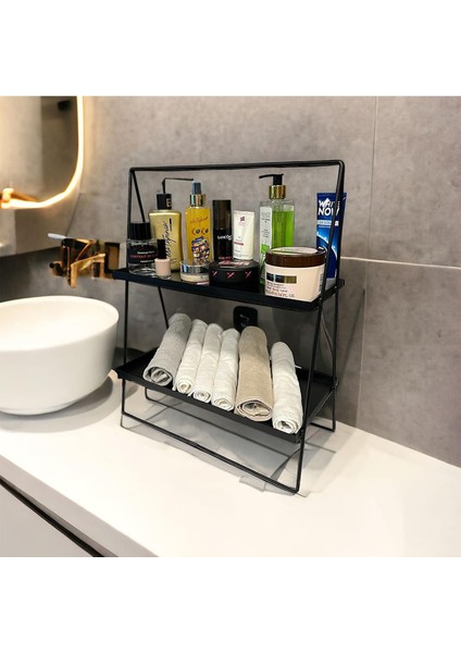 2 Katlı Üçgen Siyah Metal Banyo, Mutfak, Makyaj Organizatörü - Model 2 indirimleri