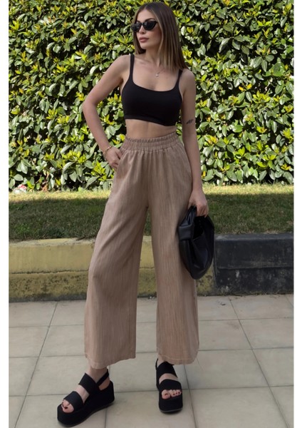 Kadın Camel Lastikli Yüksek Bel, Cepli, Yırtmaçlı, Geniş Paça, Salaş Keten Kapri Pantolon