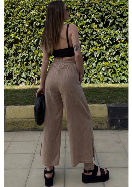 Kadın Camel Lastikli Yüksek Bel, Cepli, Yırtmaçlı, Geniş Paça, Salaş Keten Kapri Pantolon fiyatları