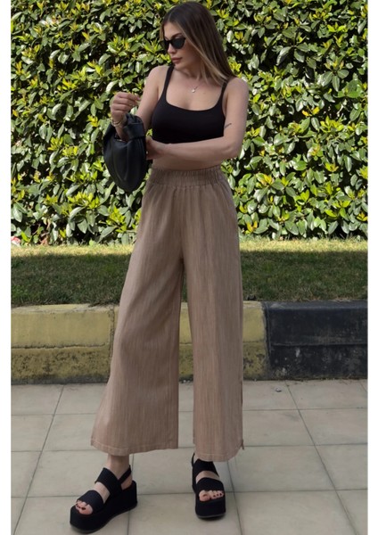 Kadın Camel Lastikli Yüksek Bel, Cepli, Yırtmaçlı, Geniş Paça, Salaş Keten Kapri Pantolon modelleri
