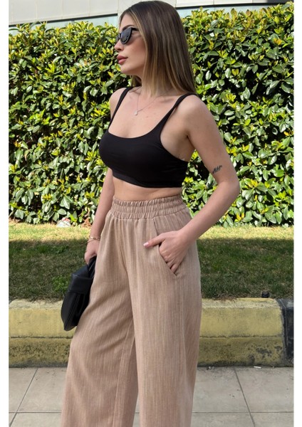 Kadın Camel Lastikli Yüksek Bel, Cepli, Yırtmaçlı, Geniş Paça, Salaş Keten Kapri Pantolon fırsatları