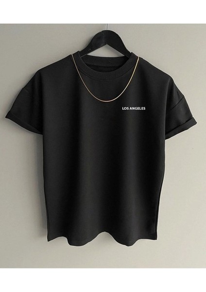Unisex Oversize Los Angeles Yazılı T-Shirt Basic Kısa Kollu Bisiklet Yaka