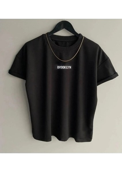 Unisex Oversize Brooklyn Baskılı T-Shirt Basic Kısa Kollu Bisiklet Yaka