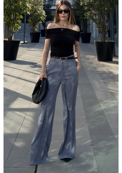 Kadın Gri Yüksek Bel, Cepli, Bol Paça Pantolon