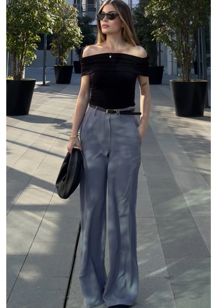 Kadın Gri Yüksek Bel, Cepli, Bol Paça Pantolon fiyatları