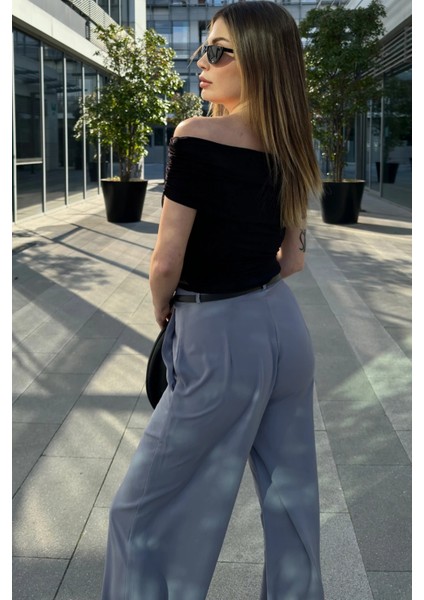 Kadın Gri Yüksek Bel, Cepli, Bol Paça Pantolon modelleri