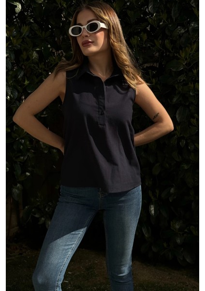 Kadın Lacivert Basic Kesim, Yarım Patlı, Sıfır Kollu, Keten Bluz fiyatları