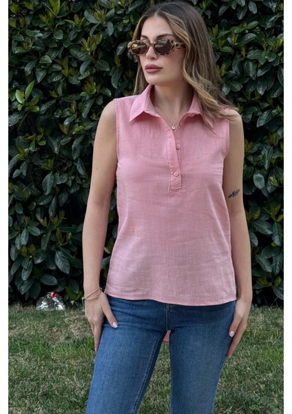 Kadın Pudra Basic Kesim, Yarım Patlı, Sıfır Kollu, Keten Bluz