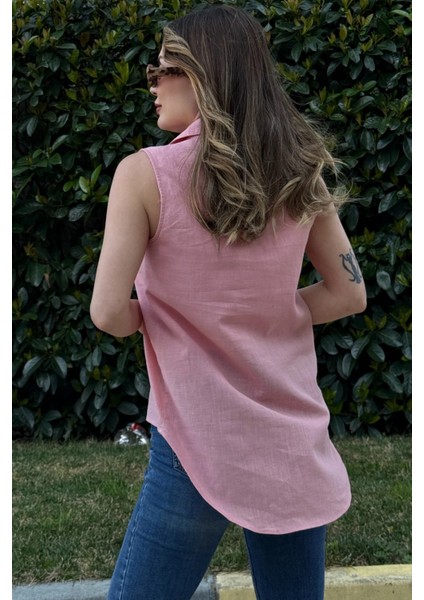 Kadın Pudra Basic Kesim, Yarım Patlı, Sıfır Kollu, Keten Bluz fiyatları